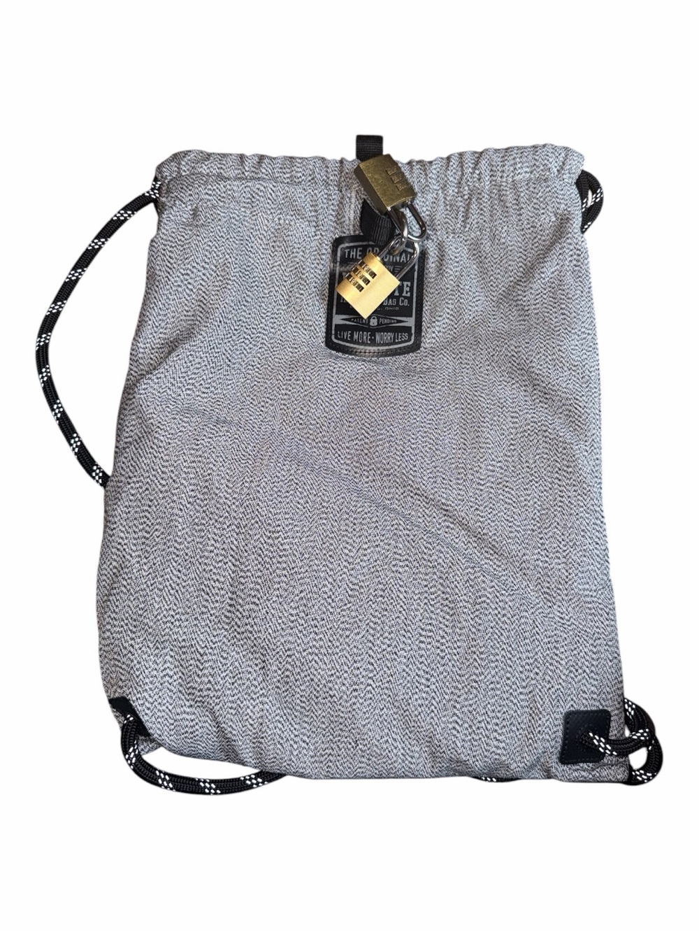 Light Gray Drawstring Backpack Sack with Patterned Cord Straps